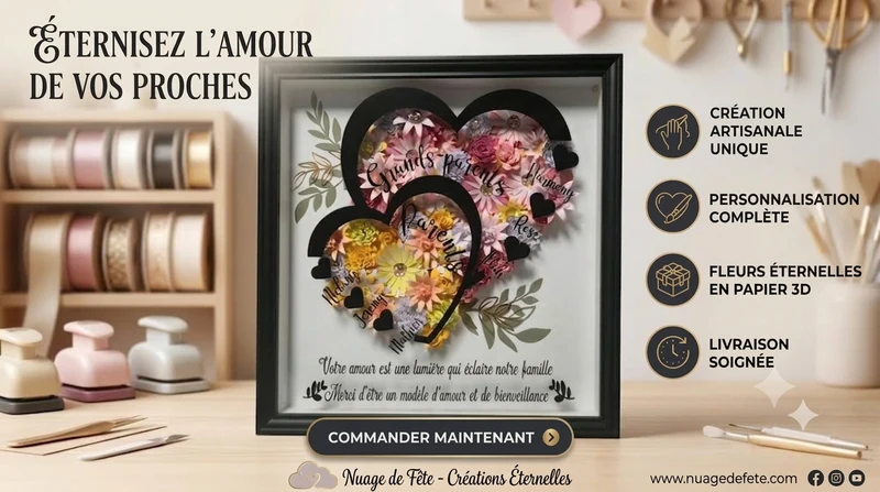 Cadre 3D Fleurs Éternelles « Cœurs de Famille »