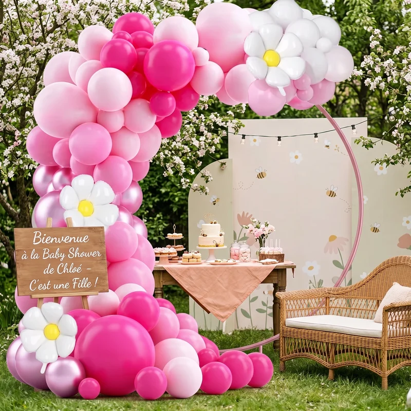 Kit Arche de Ballons Rose et Marguerite – 106 Pièces