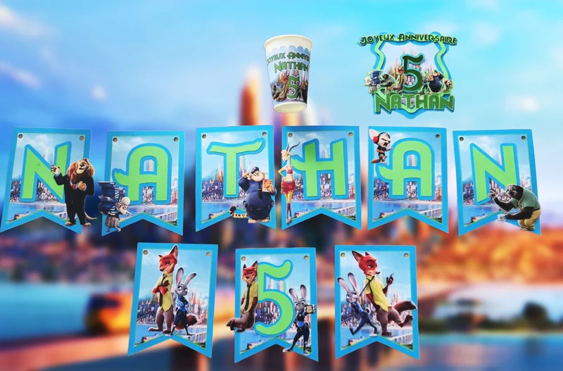Kit Décoration Anniversaire Zootopie Personnalisé – Prénom et Âge