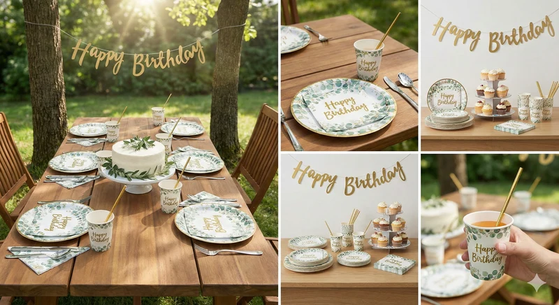 Kit Vaisselle Anniversaire Élégance Botanique – 86 Pièces