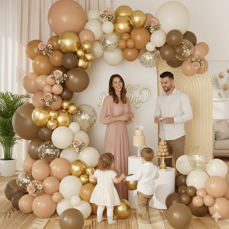 Kit Arche de Ballons Bohème Chic – Café, Sable & Or (121 Pièces)