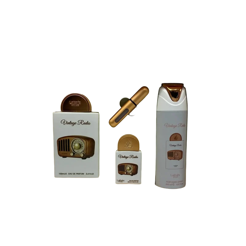 Lattafa Pride Vintage Radio Geschenkset 100 ml EDP + 20 ml EDP + 200 ml Spray