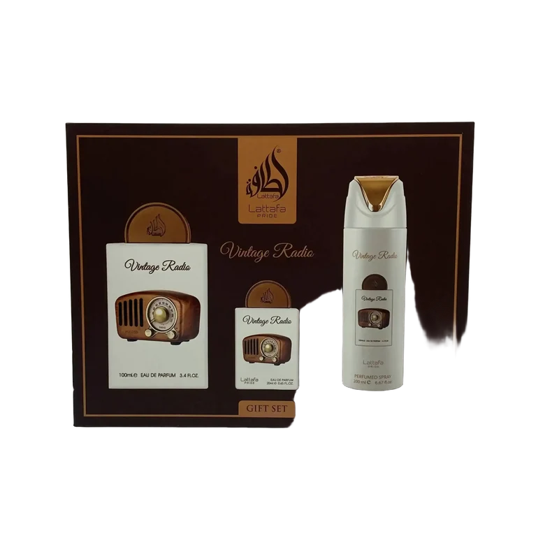 Lattafa Pride Vintage Radio Geschenkset 100 ml EDP + 20 ml EDP + 200 ml Spray