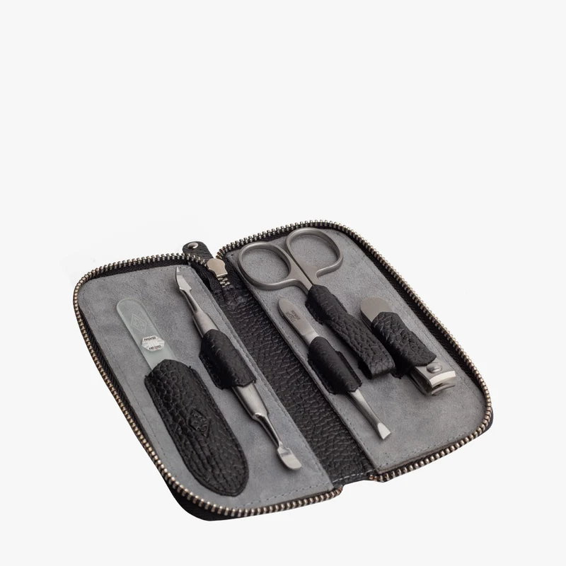 Maniküre-Set 5-teilig schwarzes, genarbtes Rindleder