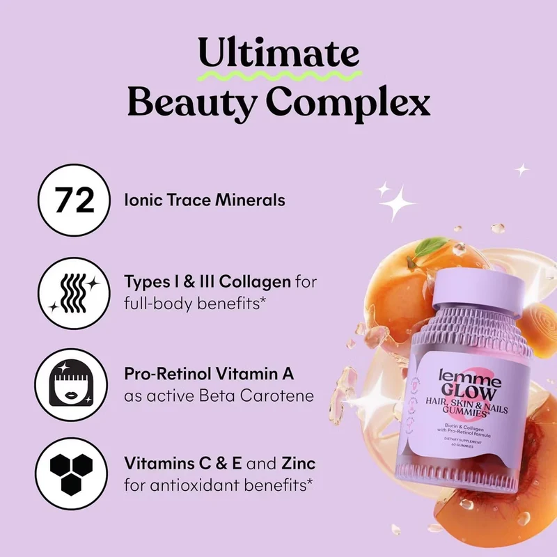 Lemme Glow Collagen Gummies - Hair, Skin & Nail Support - Tub of 60 gummies