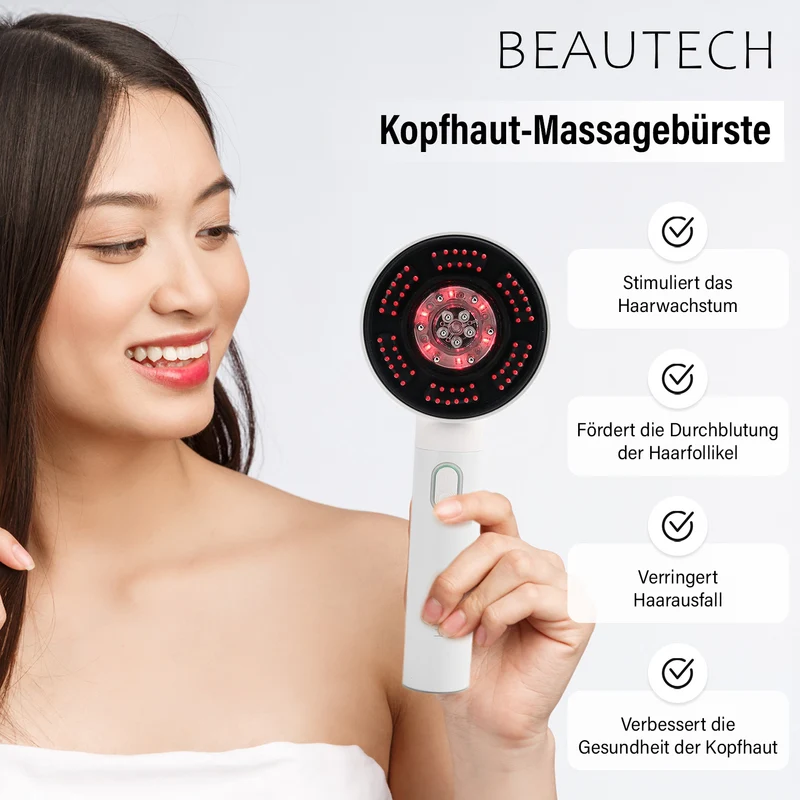 BEAUTECH Kopfhaut-Massagebürste mit EMS, rotem Therapielicht, 3 Massagestufen, 620nm Rotlicht, 3ml Ölbehälter, 1500mAh Akku, Typ-C, tragbar, 22x8,5x6 cm, Schwarz