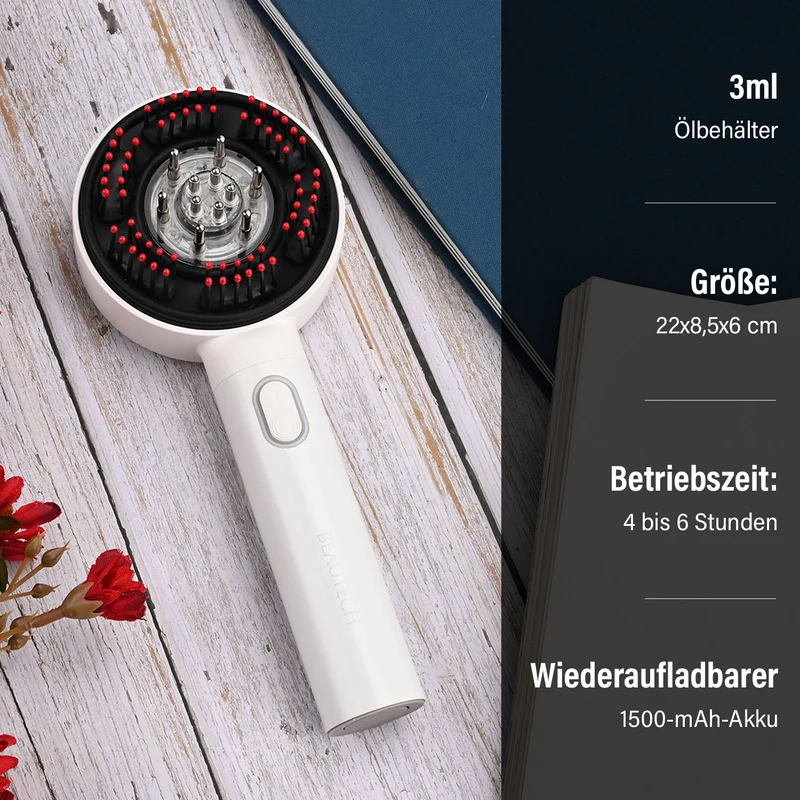BEAUTECH Kopfhaut-Massagebürste mit EMS, rotem Therapielicht, 3 Massagestufen, 620nm Rotlicht, 3ml Ölbehälter, 1500mAh Akku, Typ-C, tragbar, 22x8,5x6 cm, Schwarz