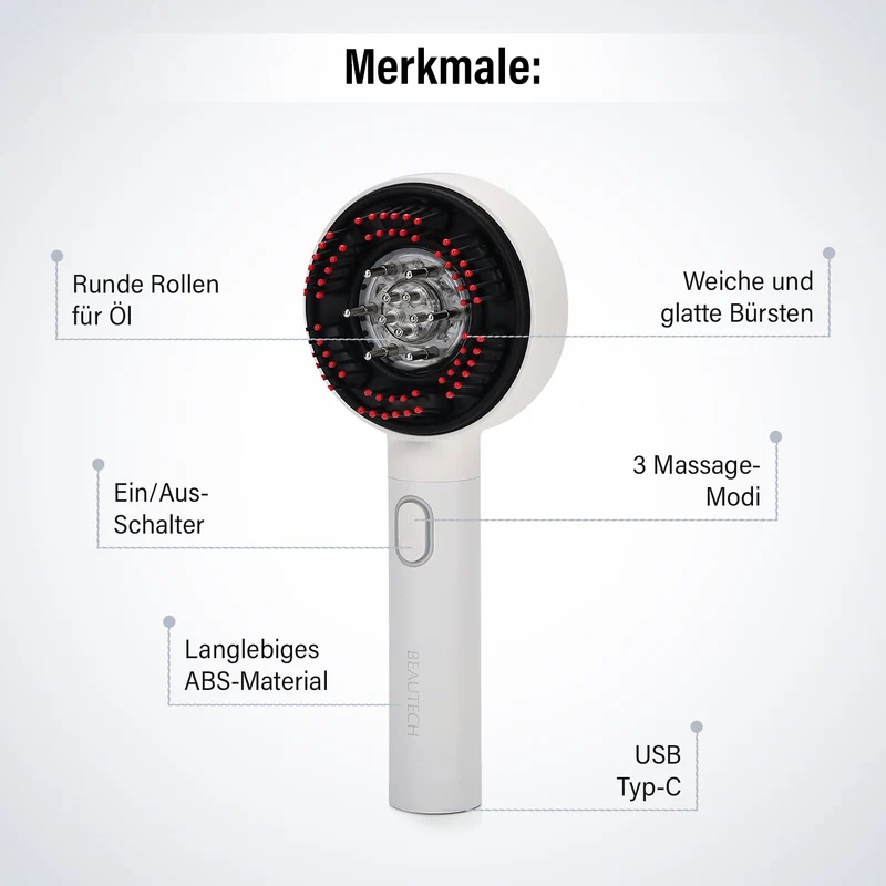 BEAUTECH Kopfhaut-Massagebürste mit EMS, rotem Therapielicht, 3 Massagestufen, 620nm Rotlicht, 3ml Ölbehälter, 1500mAh Akku, Typ-C, tragbar, 22x8,5x6 cm, Schwarz