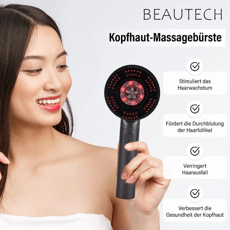 BEAUTECH Kopfhaut-Massagebürste mit EMS, rotem Therapielicht, 3 Massagestufen, 620nm Rotlicht, 3ml Ölbehälter, 1500mAh Akku, Typ-C, tragbar, 22x8,5x6 cm, Schwarz