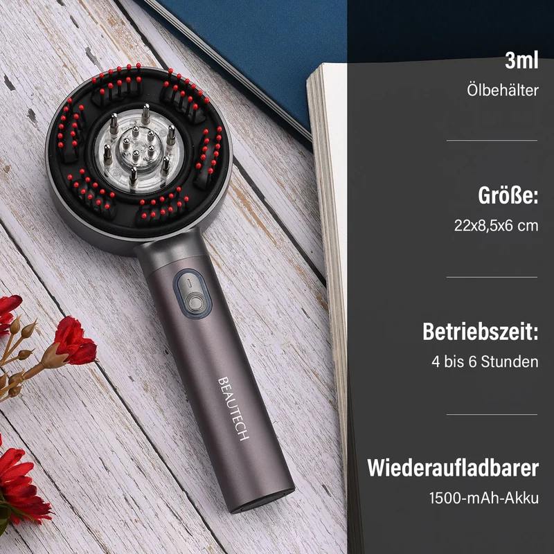 BEAUTECH Kopfhaut-Massagebürste mit EMS, rotem Therapielicht, 3 Massagestufen, 620nm Rotlicht, 3ml Ölbehälter, 1500mAh Akku, Typ-C, tragbar, 22x8,5x6 cm, Schwarz
