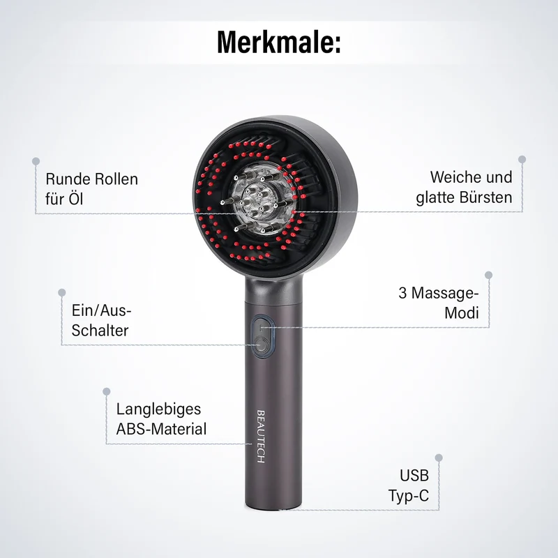 BEAUTECH Kopfhaut-Massagebürste mit EMS, rotem Therapielicht, 3 Massagestufen, 620nm Rotlicht, 3ml Ölbehälter, 1500mAh Akku, Typ-C, tragbar, 22x8,5x6 cm, Schwarz
