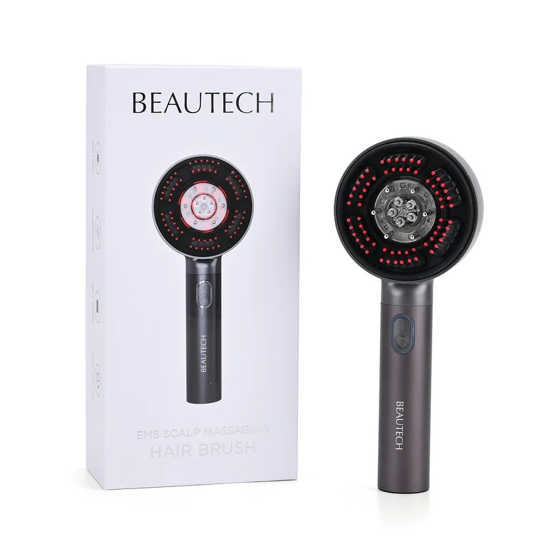 BEAUTECH Kopfhaut-Massagebürste mit EMS, rotem Therapielicht, 3 Massagestufen, 620nm Rotlicht, 3ml Ölbehälter, 1500mAh Akku, Typ-C, tragbar, 22x8,5x6 cm, Schwarz