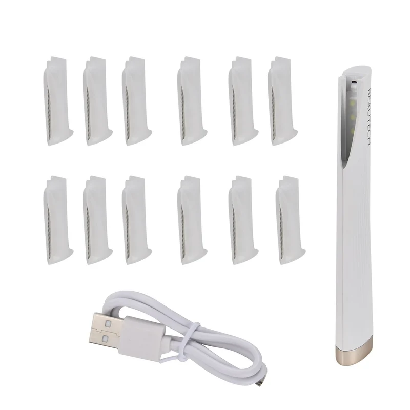 BEAUTECH Mini Sonic Pfirsichflaum-Entferner - 2-in-1 Dermaplaning & Augenbrauen-Trimmer, mit 6 Ersatzklingen und LED-Funktion, Größe: 13x2,7x1,1 cm