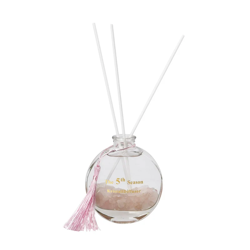 The 5th Season - Aromatherapie-Glasflasche mit Rosenquarz und Topas, mit Glasdeckel und Quasten, Größe 9,5x3,5*14cm, Inhalt: 100ml