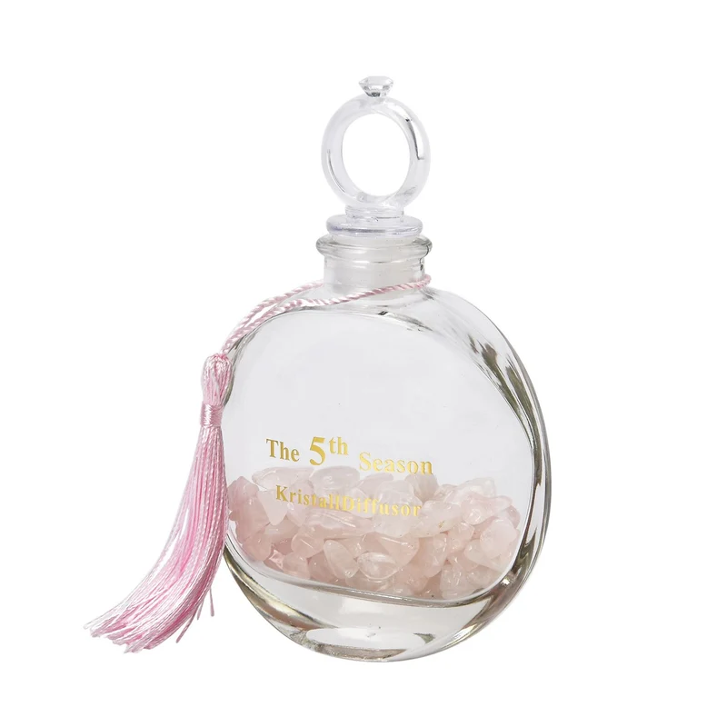 The 5th Season - Aromatherapie-Glasflasche mit Rosenquarz und Topas, mit Glasdeckel und Quasten, Größe 9,5x3,5*14cm, Inhalt: 100ml