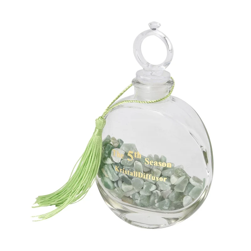 The 5th Season - Aromatherapie-Glasflasche mit Rosenquarz und Topas, mit Glasdeckel und Quasten, Größe 9,5x3,5*14cm, Inhalt: 100ml
