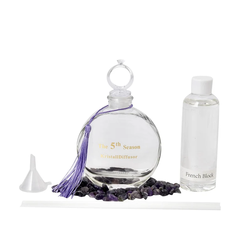 The 5th Season - Aromatherapie-Glasflasche mit Rosenquarz und Topas, mit Glasdeckel und Quasten, Größe 9,5x3,5*14cm, Inhalt: 100ml
