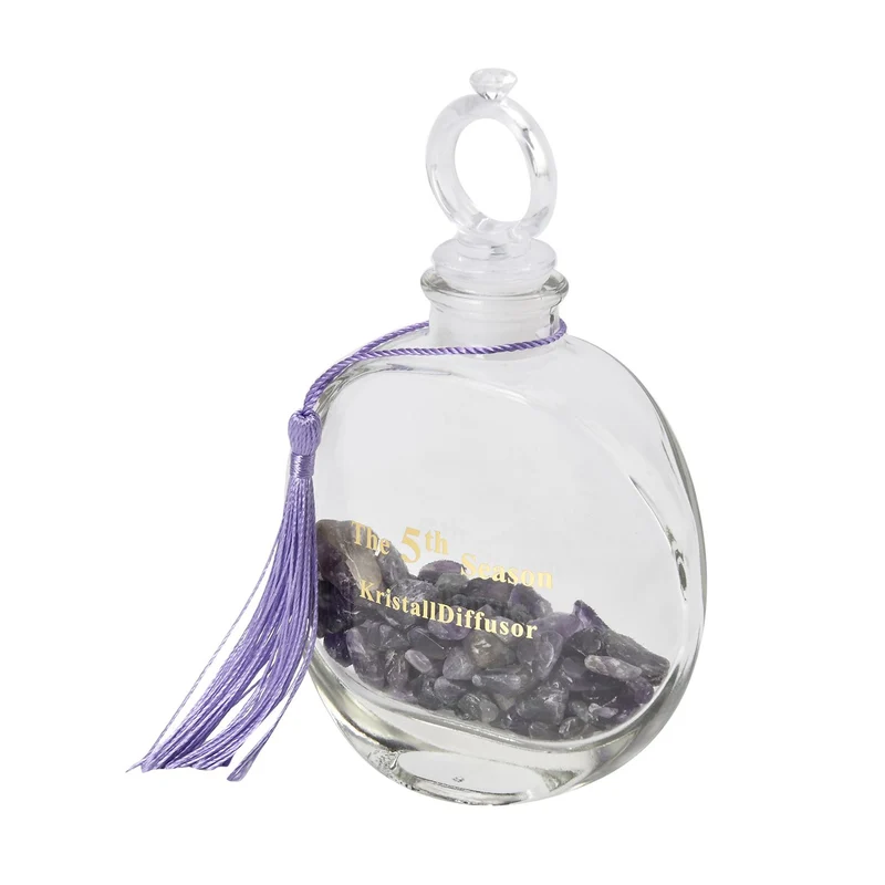 The 5th Season - Aromatherapie-Glasflasche mit Rosenquarz und Topas, mit Glasdeckel und Quasten, Größe 9,5x3,5*14cm, Inhalt: 100ml