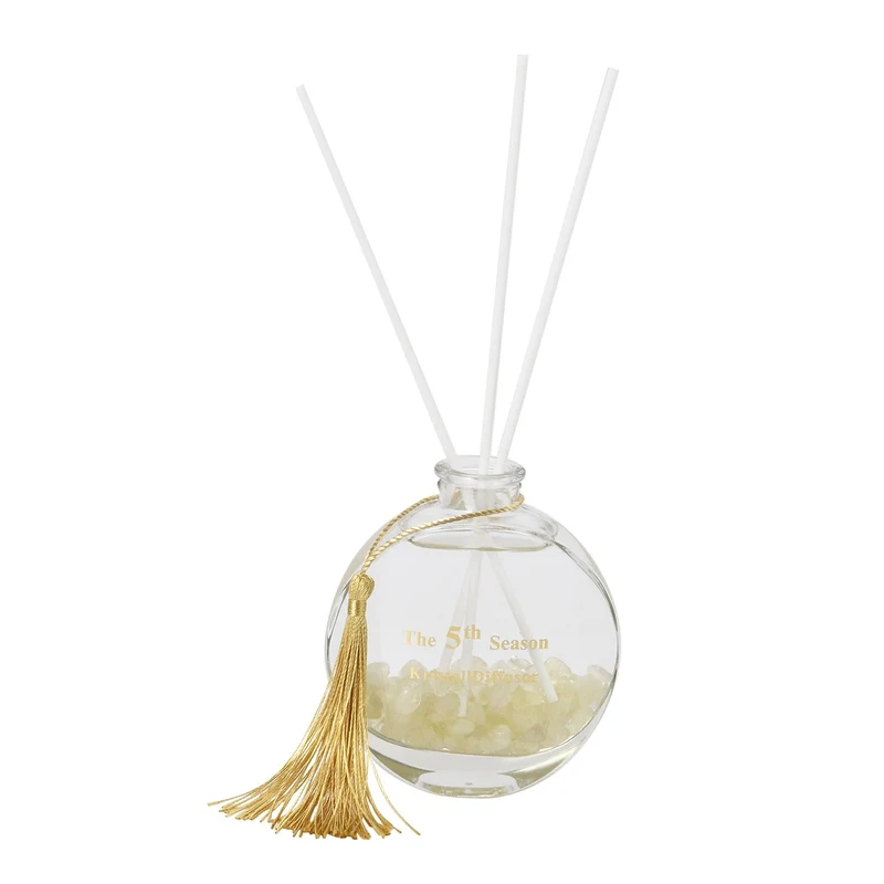 The 5th Season - Aromatherapie-Glasflasche mit Rosenquarz und Topas, mit Glasdeckel und Quasten, Größe 9,5x3,5*14cm, Inhalt: 100ml