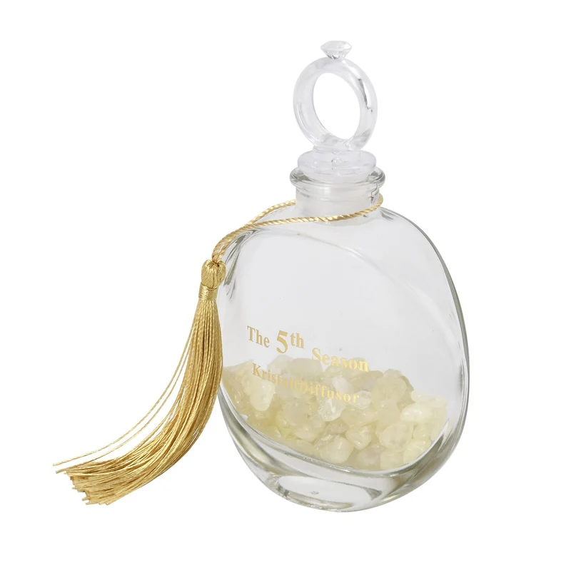 The 5th Season - Aromatherapie-Glasflasche mit Rosenquarz und Topas, mit Glasdeckel und Quasten, Größe 9,5x3,5*14cm, Inhalt: 100ml