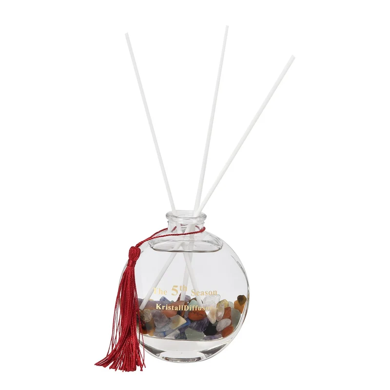The 5th Season - Aromatherapie-Glasflasche mit Rosenquarz und Topas, mit Glasdeckel und Quasten, Größe 9,5x3,5*14cm, Inhalt: 100ml