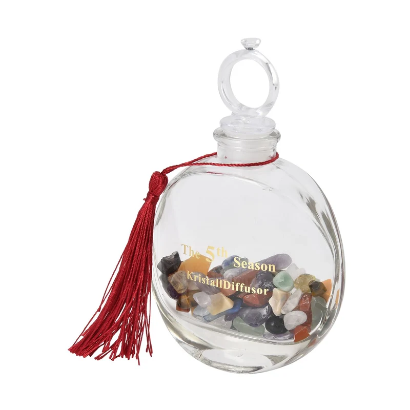 The 5th Season - Aromatherapie-Glasflasche mit Rosenquarz und Topas, mit Glasdeckel und Quasten, Größe 9,5x3,5*14cm, Inhalt: 100ml