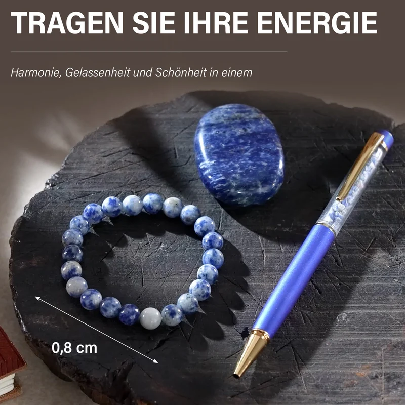 3er Exklusives Set - Sodalith - Eleganter Handstein, stilvolles Armband, und luxuriöser Kugelschreiber mit Kristallkugel