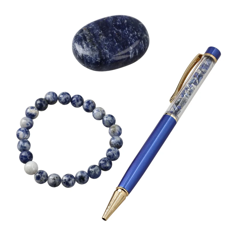 3er Exklusives Set - Sodalith - Eleganter Handstein, stilvolles Armband, und luxuriöser Kugelschreiber mit Kristallkugel