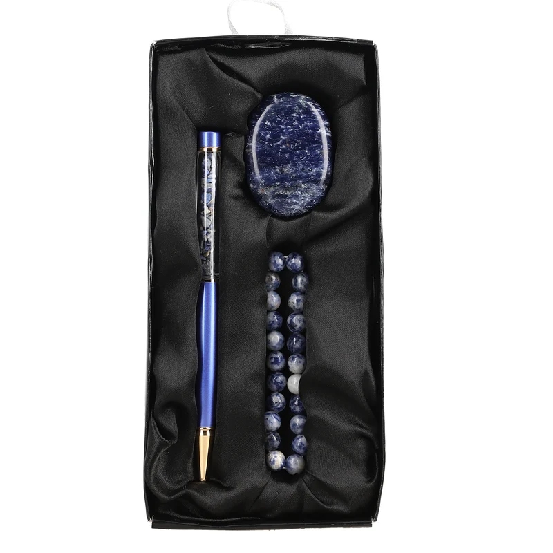 3er Exklusives Set - Sodalith - Eleganter Handstein, stilvolles Armband, und luxuriöser Kugelschreiber mit Kristallkugel