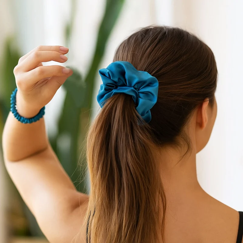LA MAREY Signature - Seiden-Scrunchies aus 100% Maulbeerseide, 1 cm und 3,5 cm, Petrol