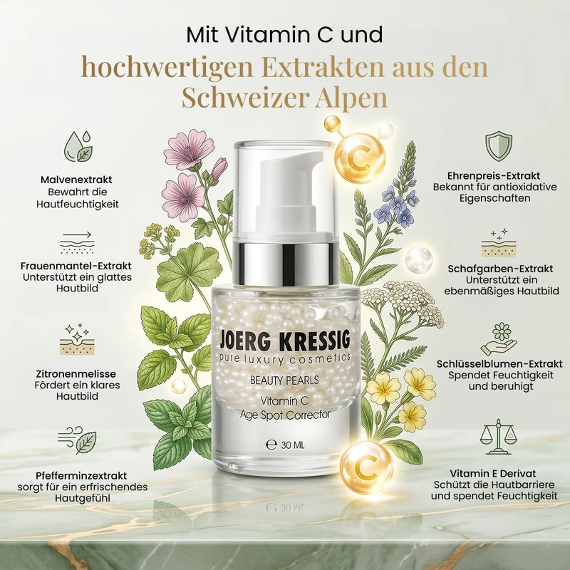 JOERG KRESSIG Beauty Pearls Gesichtsserum, Vitamin-C Age Spot Corrector: Für ebenmässige, klare, strahlende Haut, 30ml