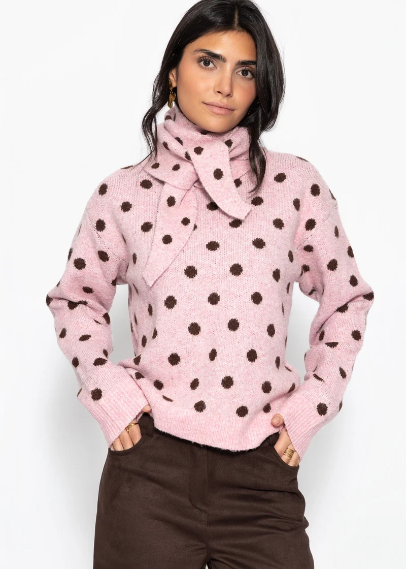 Gepunkteter Pullover mit Schal - rosa