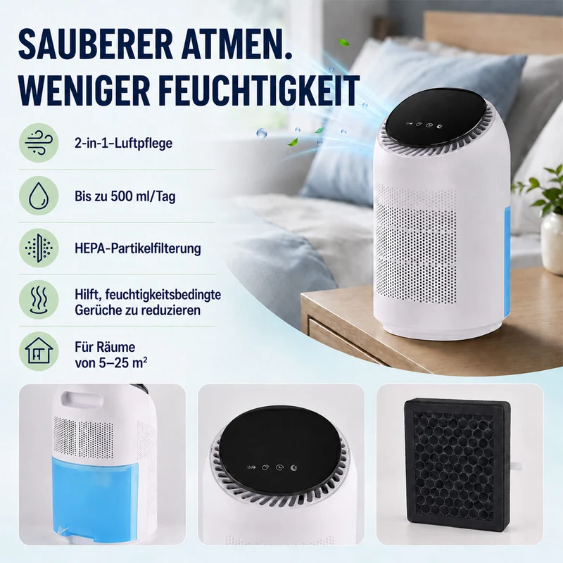 LIVMORE 2-in-1 Luftentfeuchter und Luftreiniger mit HEPA-Filter, 0,7L Wassertank, Grau