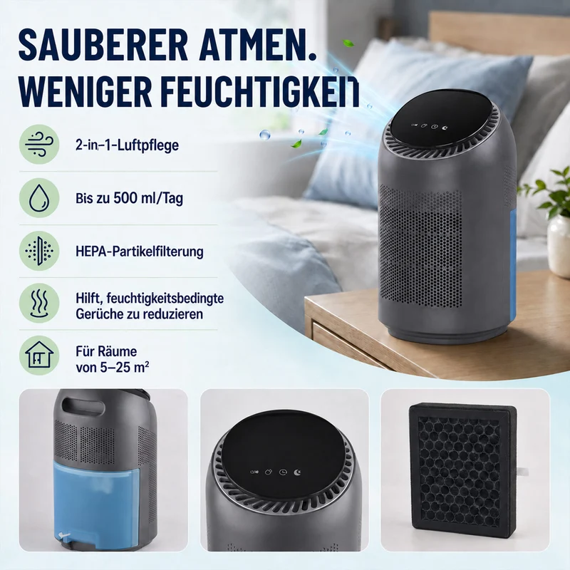 LIVMORE 2-in-1 Luftentfeuchter und Luftreiniger mit HEPA-Filter, 0,7L Wassertank, Grau