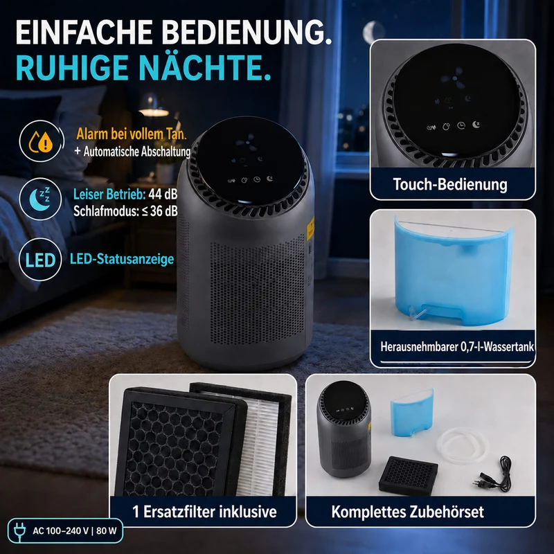 LIVMORE 2-in-1 Luftentfeuchter und Luftreiniger mit HEPA-Filter, 0,7L Wassertank, Grau