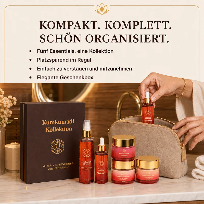 Sqin Botanicals KUMKUMADI Geschenkset, 5-teilig: Gesichtscreme, Nachtgel, Cold Cream und Körperöl (je 100 g) sowie Gesichtsöl (50 ml)
