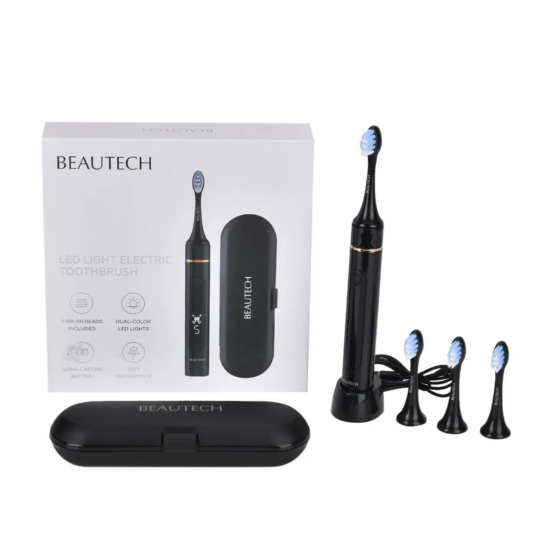 BEAUTECH - Zahnbürste mit rotem und blauem therapeutischem LED-Licht, 5 Modi, 4 zusätzliche Köpfe (2 rot & 2 blaues Licht), Reiseetui, 38000 rpm, weiß