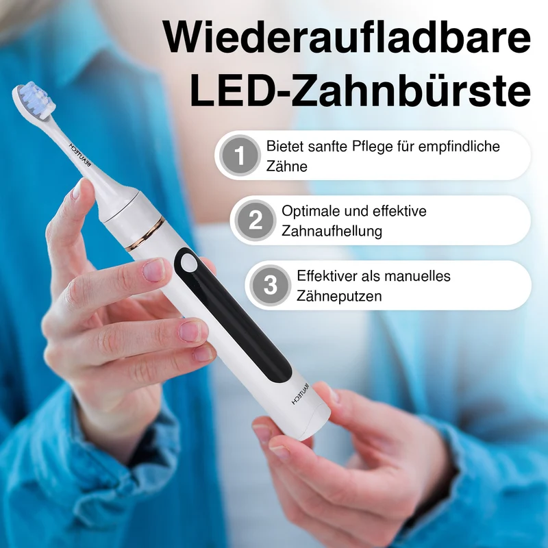 BEAUTECH - Zahnbürste mit rotem und blauem therapeutischem LED-Licht, 5 Modi, 4 zusätzliche Köpfe (2 rot & 2 blaues Licht), Reiseetui, 38000 rpm, weiß