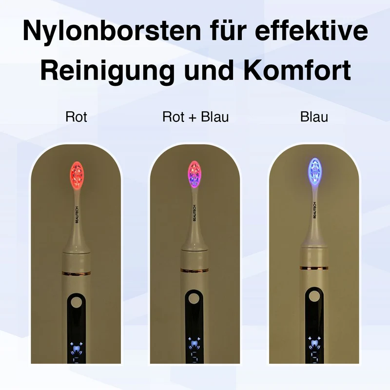 BEAUTECH - Zahnbürste mit rotem und blauem therapeutischem LED-Licht, 5 Modi, 4 zusätzliche Köpfe (2 rot & 2 blaues Licht), Reiseetui, 38000 rpm, weiß