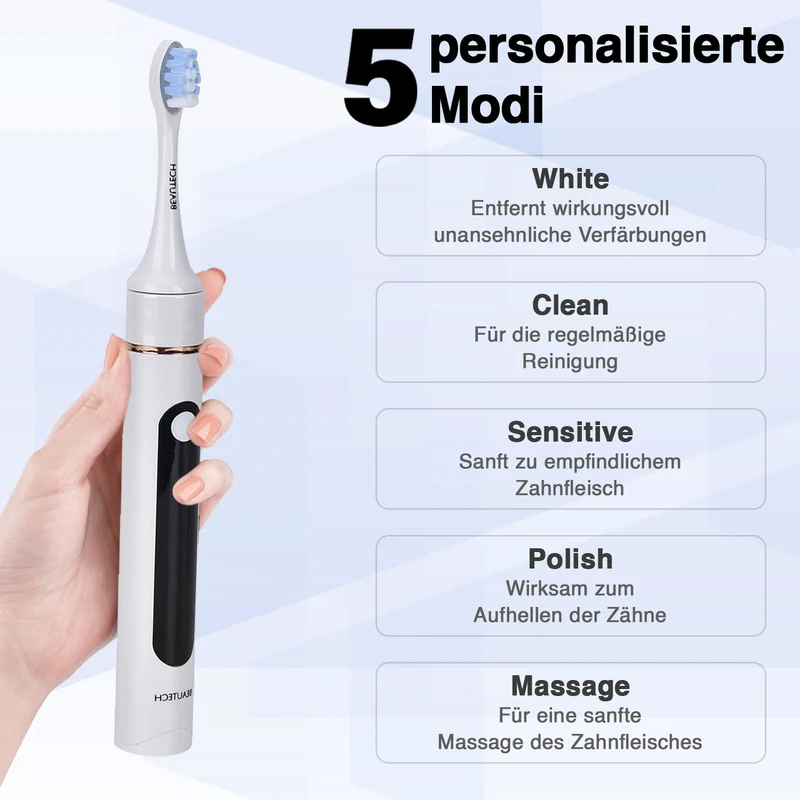 BEAUTECH - Zahnbürste mit rotem und blauem therapeutischem LED-Licht, 5 Modi, 4 zusätzliche Köpfe (2 rot & 2 blaues Licht), Reiseetui, 38000 rpm, weiß