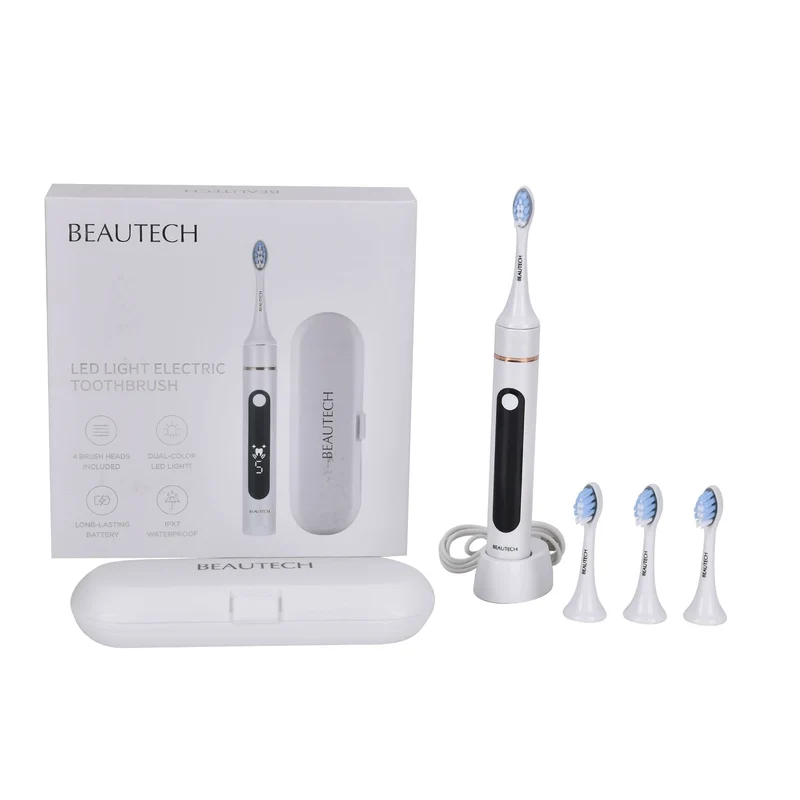 BEAUTECH - Zahnbürste mit rotem und blauem therapeutischem LED-Licht, 5 Modi, 4 zusätzliche Köpfe (2 rot & 2 blaues Licht), Reiseetui, 38000 rpm, weiß