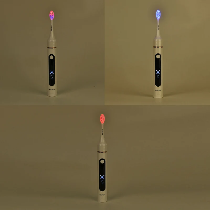 BEAUTECH - Zahnbürste mit rotem und blauem therapeutischem LED-Licht, 5 Modi, 4 zusätzliche Köpfe (2 rot & 2 blaues Licht), Reiseetui, 38000 rpm, weiß