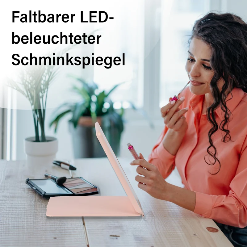 Faltbarer LED-beleuchteter Schminkspiegel, 3 Helligkeitsstufen, Doppelseitige Spiegelflächen, Größe: 26x19x2.3cm, Rosa