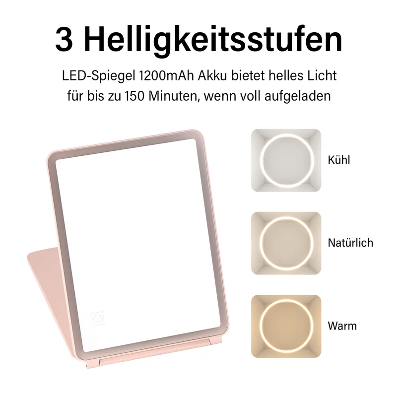 Faltbarer LED-beleuchteter Schminkspiegel, 3 Helligkeitsstufen, Doppelseitige Spiegelflächen, Größe: 26x19x2.3cm, Rosa