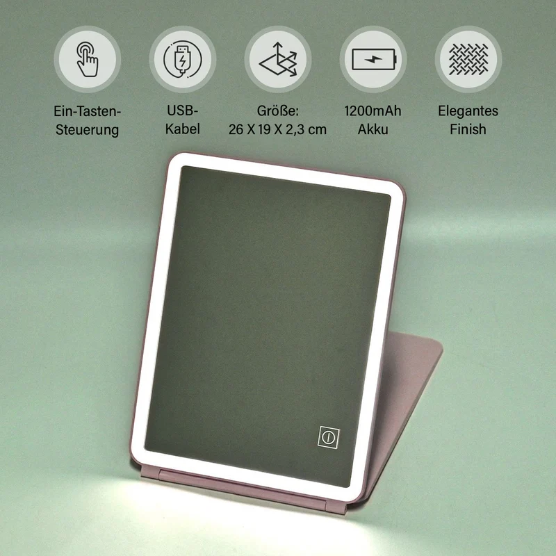 Faltbarer LED-beleuchteter Schminkspiegel, 3 Helligkeitsstufen, Doppelseitige Spiegelflächen, Größe: 26x19x2.3cm, Rosa