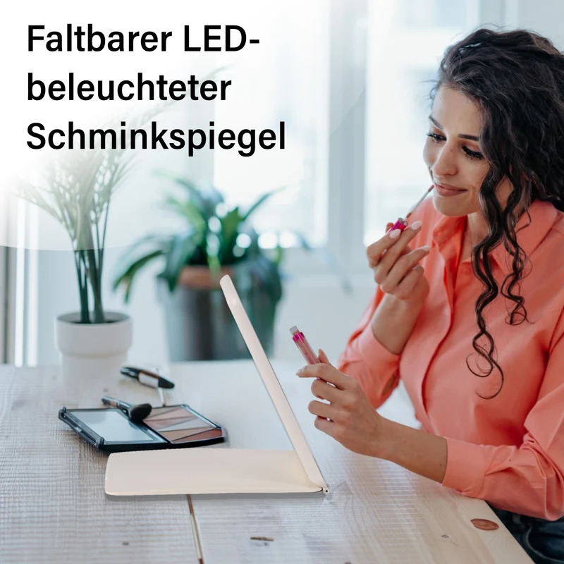 Faltbarer LED-beleuchteter Schminkspiegel, 3 Helligkeitsstufen, Doppelseitige Spiegelflächen, Größe: 26x19x2.3cm, Rosa