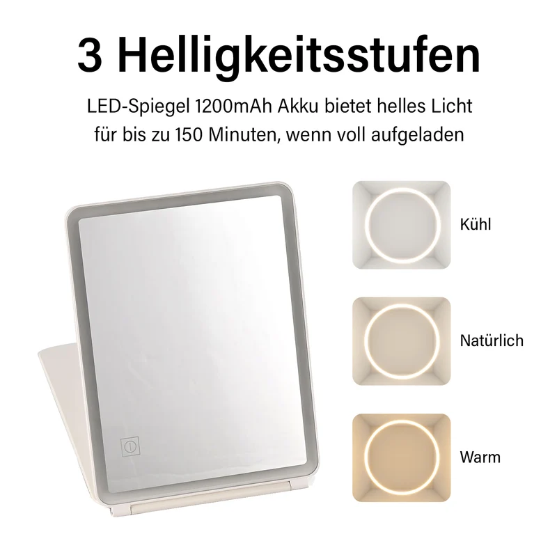 Faltbarer LED-beleuchteter Schminkspiegel, 3 Helligkeitsstufen, Doppelseitige Spiegelflächen, Größe: 26x19x2.3cm, Rosa