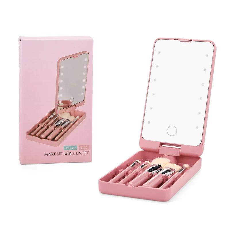 Aufbewahrungsbox mit LED-Spiegel und 5-teiligem Make-up-Pinselset, 16x9x3 cm, Grün