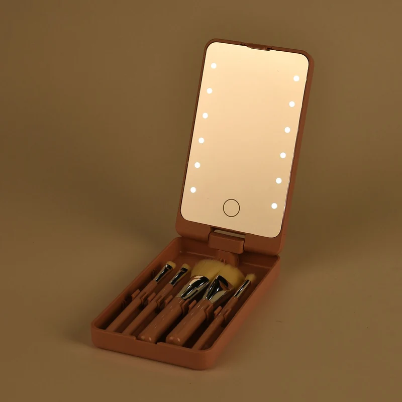Aufbewahrungsbox mit LED-Spiegel und 5-teiligem Make-up-Pinselset, 16x9x3 cm, Grün