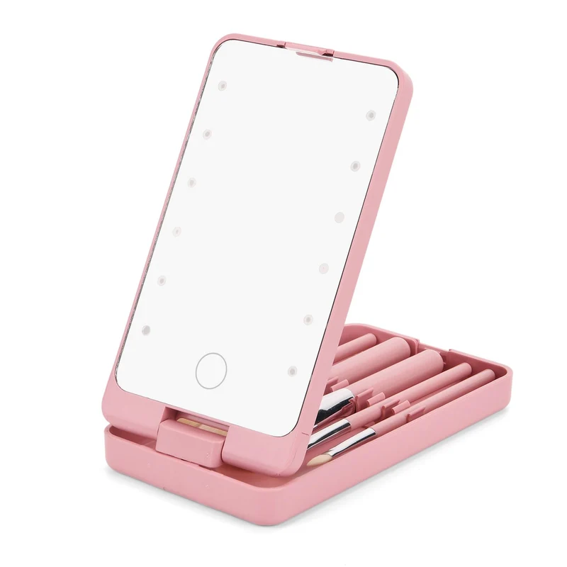 Aufbewahrungsbox mit LED-Spiegel und 5-teiligem Make-up-Pinselset, 16x9x3 cm, Grün
